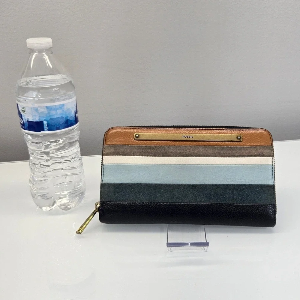 Fossil Liza Leather Zip Around Clutch Wallet Multicolor Stripe Organizer Neutral